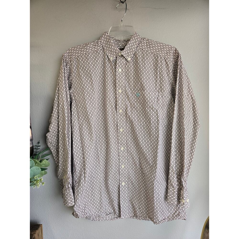 Ariat Mens L Tall Button Down Shirt Brown Geometric Long Sleeve Western Cotton